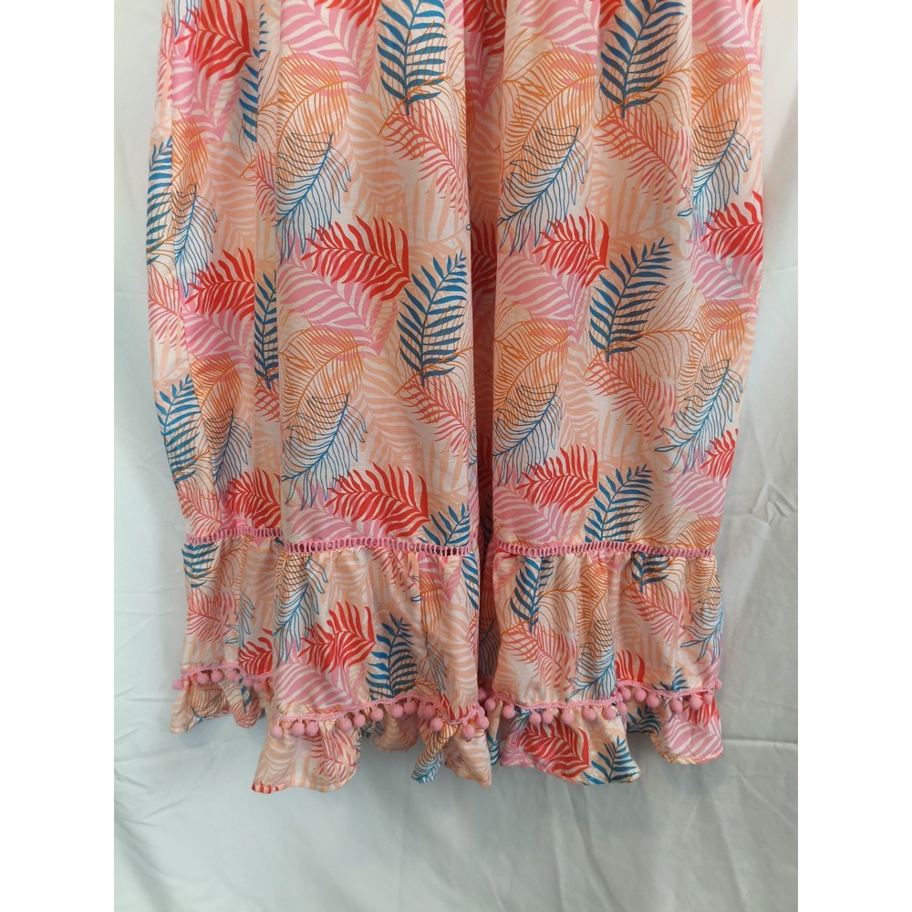 America & Beyond Tropical Palm Leaf Tiered Maxi Dress Pom Pom Hem Pink XL - Picture 8 of 9